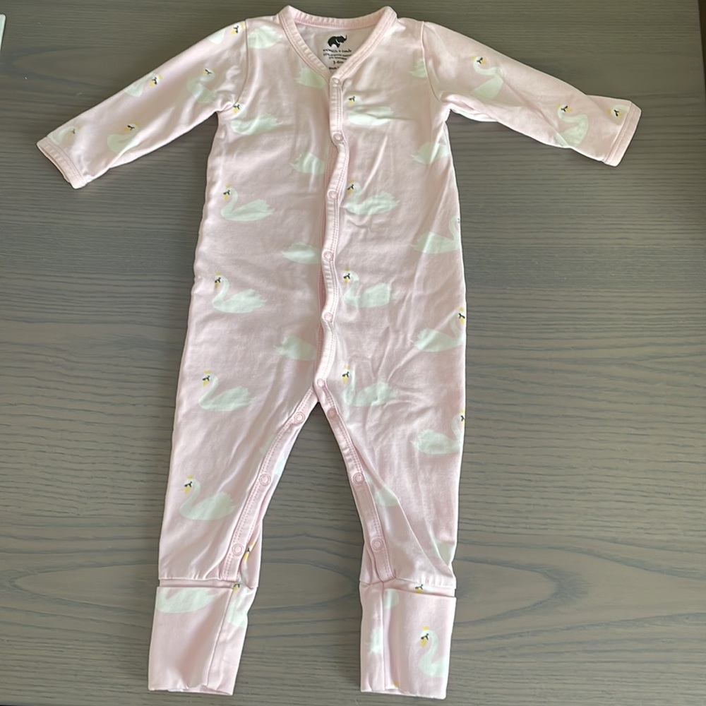 Monica + andy pink swan romper.
